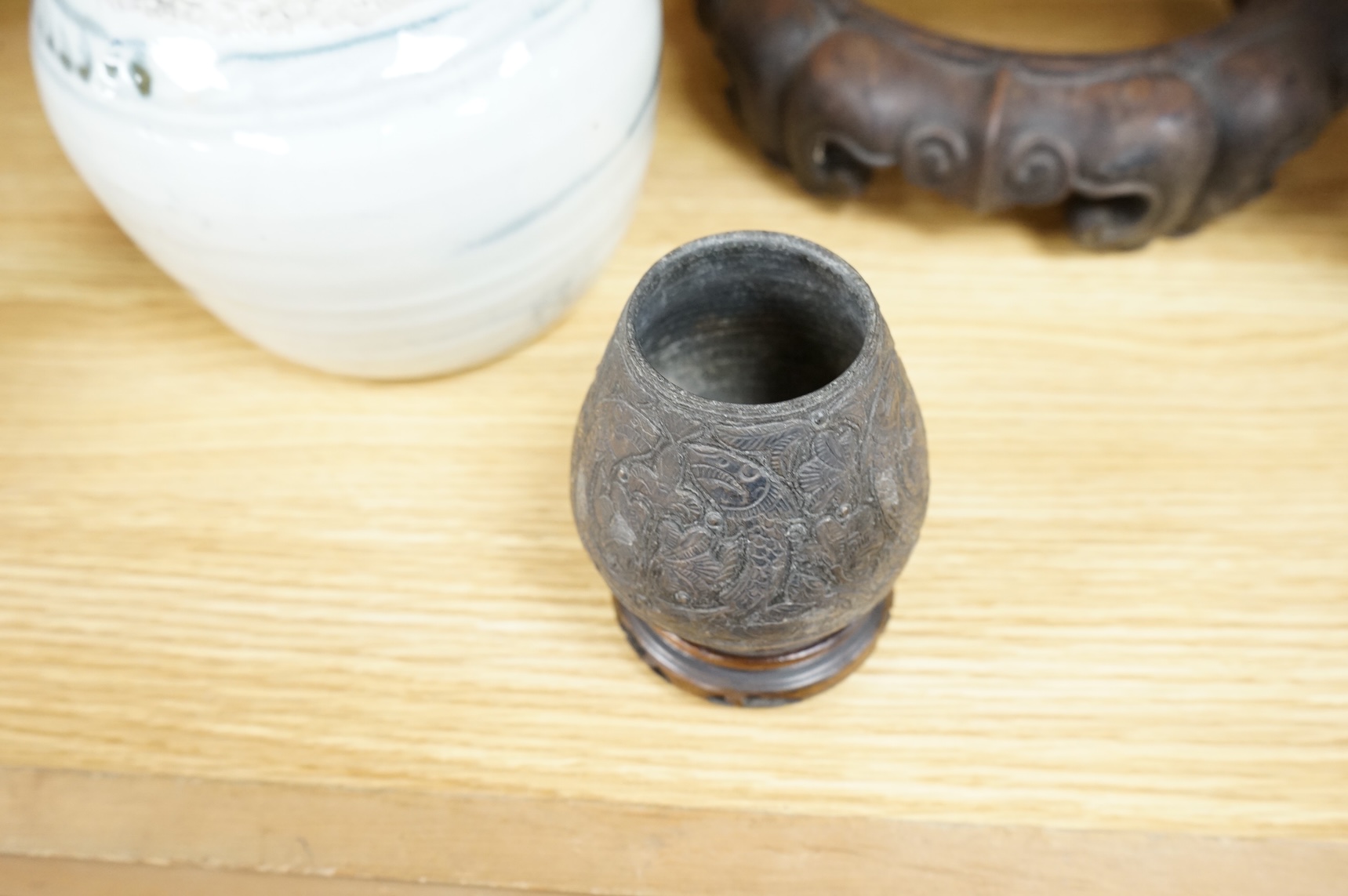 A Korean jar, a pair of Japanese cloisonné vases on stands and other items, largest 23cm high